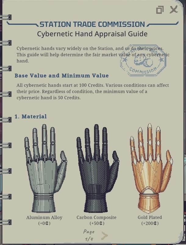 Cybernetic Hand Appraisal Guide showing its base and minimum values and three materials with different additions.