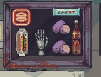 The real shop display contains neon-style signs and merchandise in the same case.