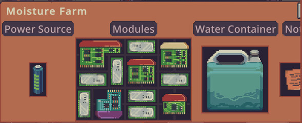 The real Moisture Farm window separates its power source, modules and water-container slot.
