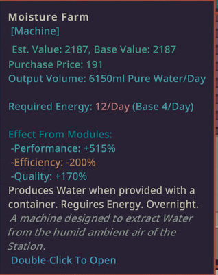 An official Moisture Farm tooltip displays 6,150 ml Pure Water per day, 12 required energy and its module effects.