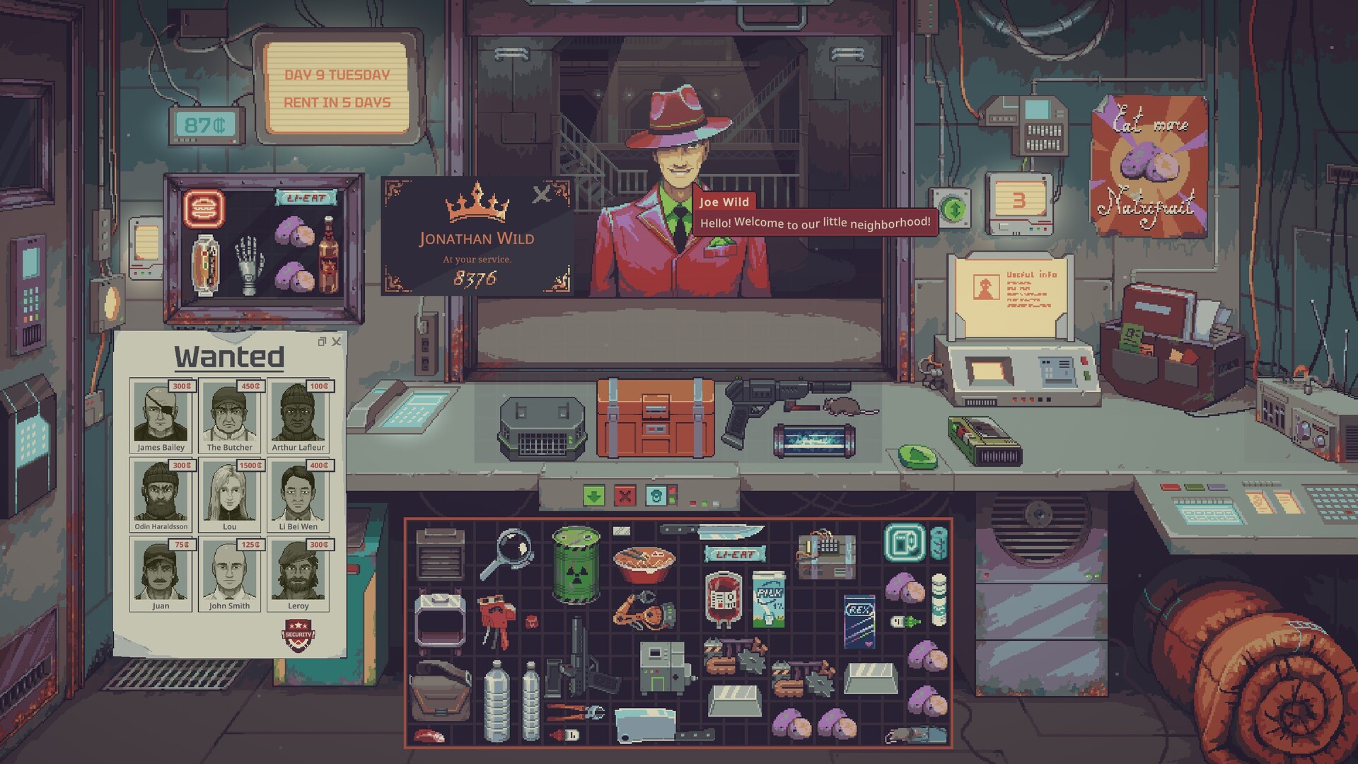 The Probably Stolen shop counter, display case and crowded stock inventory.