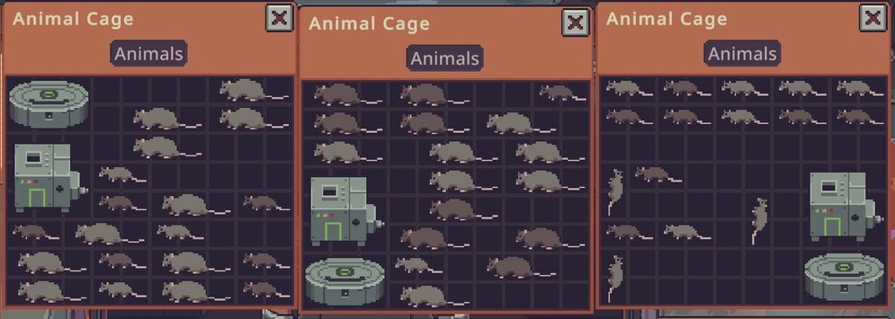 Real cage inventories contain rats of different sizes alongside feeding and cleaning equipment.