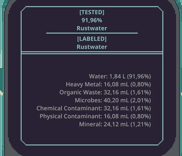 AquaScan separately displays tested Rustwater, the applied Rustwater label and individual contaminant quantities.