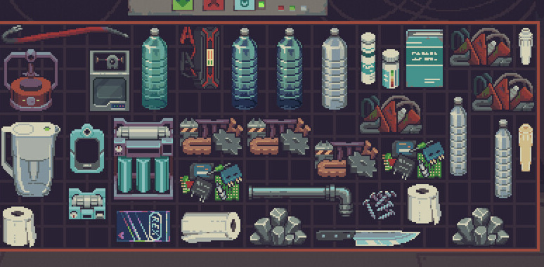 The official water screenshot shows a pitcher and smaller water bottles in the inventory.